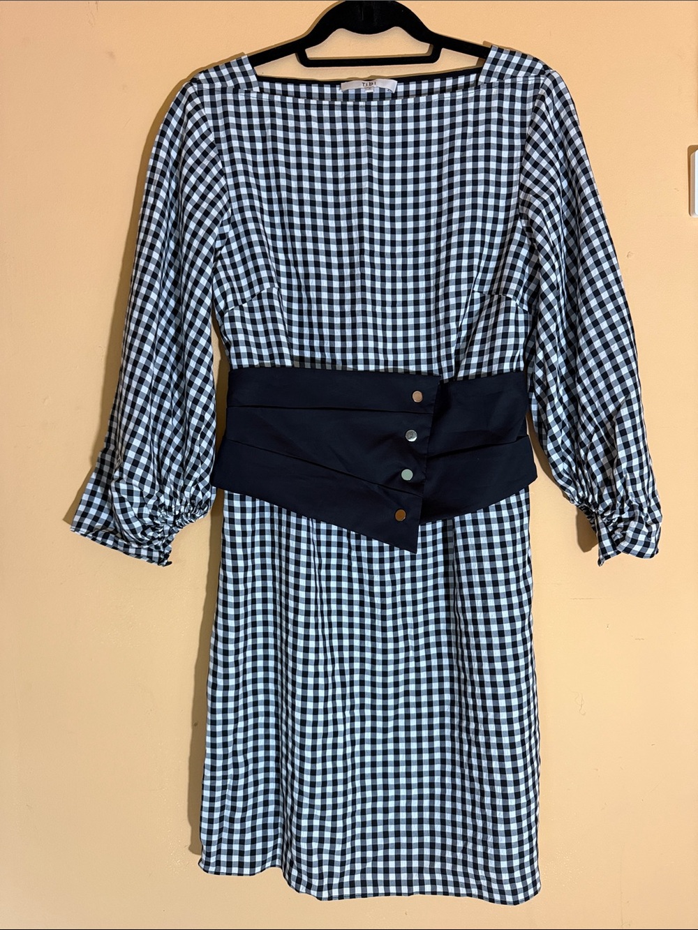 Tibi Black & White Gingham Shift Dress w/ Removable Corset Belt Size 4 EUC